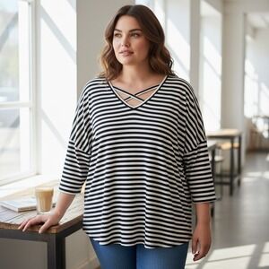 Boutique + Striped V-Neck Crisscross Tunic Top Black White 2X Plus Size